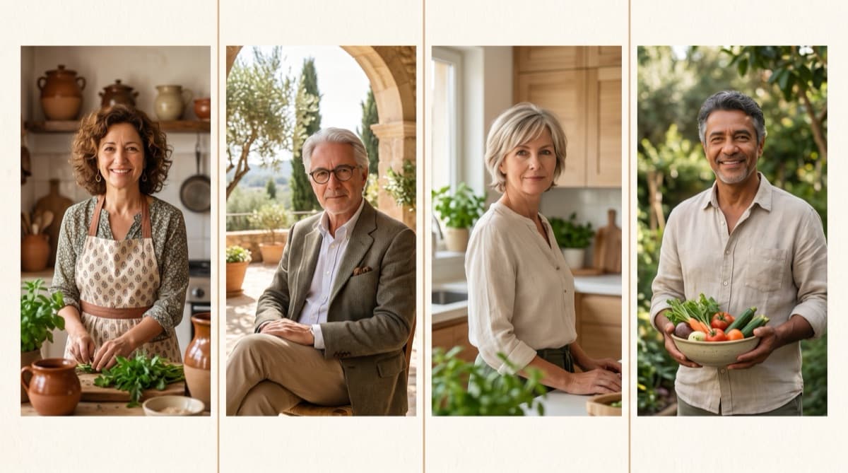 Personas del método de nutrición energética: cocinando, cuidando su huerto y eligiendo alimentos de temporada