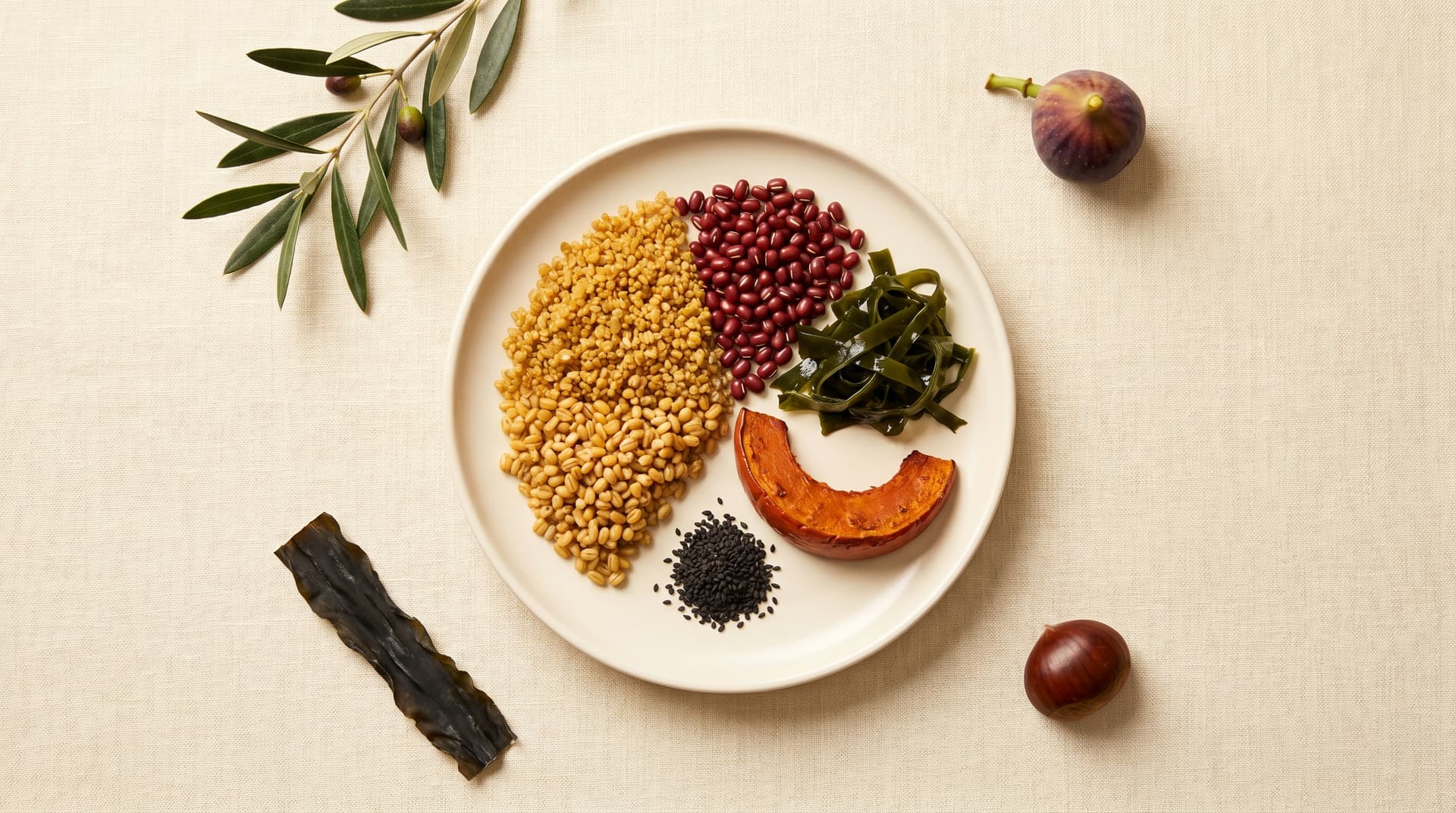 Five energy food groups: whole grains, azuki beans, wakame, squash and sesame